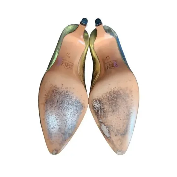 Vintage YSL Gold Metallic Python Embossed Leather Stiletto Mary Jane Pumps 7.5M - Picture 5 of 8